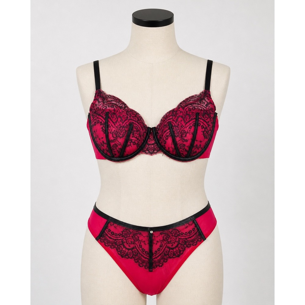 Adore Me Bra and Panty Set Red Black Lace Faux Leather 40D 2X MNQ-BR-12449